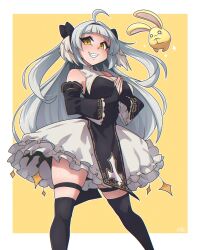 Rule 34 | 1girl, ahoge, amai direct, bare shoulders, black bow, black bridal gauntlets, black dress, black sleeves, black thighhighs, blunt bangs, border, bow, breast curtains, breasts, bridal gauntlets, cleavage, commentary, creature request, cross-shaped pupils, detached sleeves, dress, english commentary, feet out of frame, frilled skirt, frilled sleeves, frills, grey hair, grin, hair bow, head wings, highres, hyanne souma, layered skirt, long hair, looking at viewer, nun, outside border, over-kneehighs, palms together, rabbit, ryou sakai, sharp teeth, sidelocks, simple background, skirt, sleeveless, sleeveless dress, smile, solo, symbol-shaped pupils, teeth, thick thighs, thigh strap, thighhighs, thighs, two side up, virtual youtuber, white border, white skirt, wide sleeves, wings, yellow background, yellow eyes