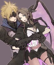 1boy 1girl aerith_gainsborough amemori_0207 armor bahamut_aerith belt black_armor black_capelet black_gloves black_mask black_ribbon black_shorts blonde_hair braid braided_ponytail breasts brown_belt brown_hair brown_pantyhose capelet cleavage cloud_strife cloud_strife_(bahamut_garb) couple covered_eyes cowboy_shot dragon_wings eye_mask final_fantasy final_fantasy_vii final_fantasy_vii_ever_crisis gloves green_eyes hair_ribbon hand_on_another&#039;s_thigh hetero highres holding_hands hug hug_from_behind long_hair loose_belt medium_breasts official_alternate_costume pantyhose parted_bangs parted_lips popped_collar ribbon short_hair shorts sidelocks single_braid spiked_hair thigh_strap twintails upper_body wings