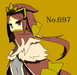 Rule 34 | 1girl, anemoi5648, covered mouth, fur trim, grey eyes, headpiece, personification, pokemon, ponytail, red hair, solo, tyrantrum, upper body