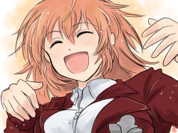 Rule 34 | 1girl, :d, blush, buttons, charlotte e. yeager, dress shirt, closed eyes, happy, jacket, light particles, long hair, long sleeves, military, military uniform, mishiro shinza, open mouth, orange hair, shirt, smile, solo, strike witches, uniform, upper body, world witches series