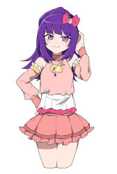 Rule 34 | 1girl, bare shoulders, blunt bangs, blush, bow, closed mouth, commentary request, cowboy shot, cropped legs, detached sleeves, dress, hair bow, hanazono shuka, hand on own hip, hand up, idol time pripara, long hair, looking at viewer, nojima minami, pink bow, pink dress, pink sleeves, ponytail, pretty series, pripara, purple eyes, purple hair, smile, solo, standing, white background