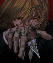 Rule 34 | 1boy, bishounen, black necktie, blonde hair, chain, commentary, english commentary, fantasy, fingernails, hair between eyes, hand up, highres, hunter x hunter, incoming attack, jewelry, jkipundi, kurapika, long sleeves, looking at viewer, male focus, necktie, red background, red eyes, ring, shirt, short hair, simple background, solo, white shirt