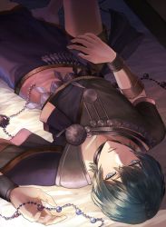 Rule 34 | 1boy, alternate costume, armlet, arms up, beads, bed, blue eyes, blue hair, byleth (fire emblem), byleth (male) (fire emblem), dancer, dancer (fire emblem: three houses), fire emblem, fire emblem: three houses, from above, highres, looking at viewer, lying, nintendo, nishikawa fe, parted lips, short hair, simple background, solo