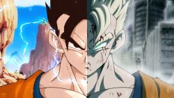 Rule 34 | absurdres, blood, blood on face, dragon ball, highres, lightning, muscular, muscular male, potential unleashed, rain, scar, scar on face, serious, son gohan, son gohan (future), srojam, super saiyan, tagme, ultimate gohan