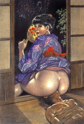 Rule 34 | 1boy, 1girl, ass, clothes lift, dress, dress lift, femdom, from behind, hand fan, japanese clothes, kimono, namio harukawa, plump, restrained, rope, sitting, sitting on face, sitting on person