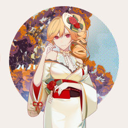 Rule 34 | 1girl, 2021, absurdres, azur lane, bag, bare shoulders, blonde hair, center frills, drill hair, drill ponytail, earrings, flower, frills, gloves, grey background, handbag, hat, hat flower, highres, holding, holding bag, huangmao, japanese clothes, jewelry, kimono, long hair, mini hat, off shoulder, official alternate costume, purple eyes, red flower, red rose, richelieu (azur lane), richelieu (evergreen prophecy) (azur lane), rose, side drill, single drill, solo, tilted headwear, white gloves, white hat, white kimono, wide sleeves