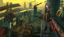 Rule 34 | 1girl, absurdres, boots, breasts, brown hair, building, cityscape, closed mouth, commentary request, factory, hair between eyes, hair ornament, highres, hin&#039;yari (kakukuru), jacket, looking at viewer, original, pantyhose, red eyes, river, sky, small breasts, solo, standing, weapon