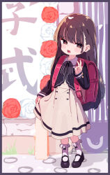 Rule 34 | 1girl, arm up, backpack, bag, black footwear, black shirt, blush, brown eyes, brown hair, child, clothes lift, dress, dress lift, female focus, full body, highres, lifted by self, long hair, looking at viewer, mary janes, open mouth, original, randoseru, school uniform, shirt, shoes, smile, socks, solo, standing, tiffany blews, v, white dress, white socks