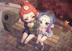 Rule 34 | 2girls, :d, autumn leaves, blue hair, chewing, closed eyes, commentary request, eating, falling leaves, food, from above, gradient hair, green eyes, highres, leaf, medium hair, minamo (trr), multicolored hair, multiple girls, nintendo, octoling, octoling girl, octoling player character, on bench, open mouth, plaid, plaid scarf, pleated skirt, purple hair, red hair, rice, scarf, sitting, skirt, smile, splatoon (series), tentacle hair, trash can, two-tone hair