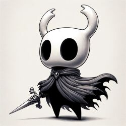 Rule 34 | 1other, ai-generated, armor, black eyes, cloak, holding, holding weapon, hollow eyes, hollow knight, horns, knight (hollow knight), sword, tagme, weapon, white background