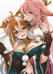 Rule 34 | 2girls, absurdres, ahoge, animal ears, aqua eyes, bare shoulders, breast rest, breasts, brown gloves, cleavage, commentary request, elocca, fingernails, genshin impact, gloves, green eyes, hair between eyes, hand on another&#039;s head, highres, hina (genshin impact), holding, holding paper, large breasts, long hair, multicolored hair, multiple girls, nail polish, paintbrush, paper, pink hair, pink nails, purple eyes, revision, simple background, sweatdrop, two-tone hair, white background, white hair, yae miko, yuri