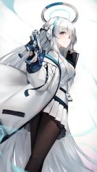 Rule 34 | 1girl, absurdres, black pantyhose, blue archive, blunt bangs, breasts, closed mouth, feet out of frame, formal, gun, halo, handgun, headphones, highres, holding, holding gun, holding weapon, id card, jacket, light blush, long hair, looking at viewer, miniskirt, noa (blue archive), notebook, off shoulder, open clothes, open jacket, pantyhose, pleated skirt, purple eyes, ribiadan, sidelocks, skirt, solo, suit, two-sided fabric, two-sided jacket, very long hair, weapon, white background, white hair, white jacket, white skirt, white suit
