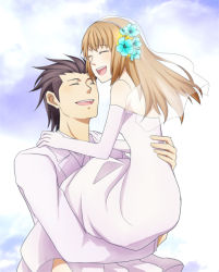 Rule 34 | 1boy, 1girl, alvin (tales), bare shoulders, breasts, brown hair, dress, closed eyes, flower, formal, leia rolando, long hair, open mouth, short hair, suit, tales of (series), tales of xillia, wedding dress