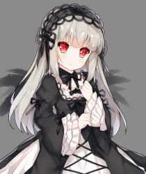 Rule 34 | 1girl, bad id, bad pixiv id, black dress, black ribbon, black wings, blunt bangs, blush, closed mouth, detached collar, dress, expressionless, eyelashes, frilled sleeves, frills, grey background, hairband, hand on own chest, layered sleeves, lolita fashion, lolita hairband, long hair, long sleeves, neck ribbon, red eyes, ribbon, rozen maiden, sidelocks, silver hair, simple background, solo, suigintou, tengxiang lingnai, upper body, wings