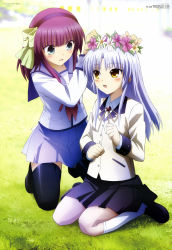 Rule 34 | 10s, 2girls, :d, absurdres, angel beats!, aqua eyes, black footwear, black socks, blazer, blunt bangs, blurry, blush, bow, brooch, buttons, clenched hands, collared shirt, day, depth of field, eyebrows, flat chest, flower, from side, full body, grass, green eyes, hair bow, hair flower, hair ornament, hairband, hands up, happy, head wreath, highres, jacket, jewelry, kneehighs, kneeling, legs together, light purple hair, loafers, long hair, long sleeves, looking at another, looking down, looking up, megami magazine, miniskirt, multiple girls, neckerchief, official art, on ground, open mouth, outdoors, parted bangs, pocket, purple hair, ribbon, scan, school uniform, seiza, serafuku, shirt, shoes, sidelocks, silver hair, sitting, skirt, sleeve cuffs, smile, socks, spread legs, tenshi (angel beats!), thighhighs, totani kento, toya kento, wariza, white legwear, yellow eyes, yuri (angel beats!), zettai ryouiki
