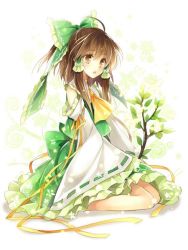 Rule 34 | 1girl, alternate color, ascot, branch, brown eyes, brown hair, detached sleeves, frilled skirt, frills, hagiwara rin, hair ornament, hair ribbon, hair tubes, hakurei reimu, japanese clothes, leaf, long sleeves, looking at viewer, open mouth, ribbon, shirt, short hair, simple background, sitting, skirt, skirt set, solo, touhou, traditional clothes, vest, white background, wide sleeves