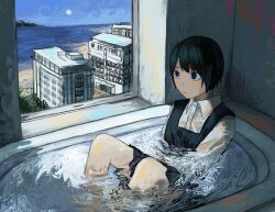 Rule 34 | 1girl, bath, blue eyes, closed mouth, collared shirt, commentary request, highres, knees up, nishinori (24no71), original, partially submerged, shirt, short hair, sitting, skirt, solo, water, white shirt, window