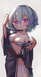 Rule 34 | 1girl, absurdres, bikini, bikini pull, breasts, chii (tsumami tsumamare), cleavage, clothes pull, collarbone, commentary request, grey background, hair between eyes, heart, heart print, highres, large breasts, long sleeves, looking at viewer, open mouth, original, pink eyes, pulled by self, short hair, simple background, solo, swimsuit, white bikini, wide sleeves