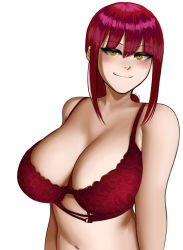 Rule 34 | 1girl, blush, bra, breasts, chainsaw man, cleavage, highres, huge breasts, jiuukek, lace, long hair, looking at viewer, makima (chainsaw man), navel, red bra, red hair, smile, solo, stomach, underwear, upper body, white background, yellow eyes