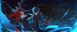 Rule 34 | 1boy, absurdres, amamiya ren, black hair, black hat, black jacket, black shirt, black wings, commentary, english commentary, gloves, half mask, hand on mask, hat, highres, jacket, looking at viewer, male focus, mask, mouth mask, persona, persona 5, red eyes, red jacket, shirt, short hair, smile, solo, standing, upper body, wings, yumuto (spring1786)