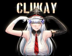 Rule 34 | 1girl, armpits, arms up, artist name, asymmetrical gloves, black background, black gloves, black headwear, blue hair, breasts, character name, closed mouth, clukay (neural cloud), elbow gloves, girls&#039; frontline, girls&#039; frontline neural cloud, gloves, green eyes, highres, hk416 (girls&#039; frontline), large breasts, lips, long hair, looking at viewer, necktie, parted lips, red necktie, shirt, sidelocks, single elbow glove, smile, smolxeno, solo, star-shaped pupils, star (symbol), sweat, sweatdrop, symbol-shaped pupils, teardrop facial mark, teardrop tattoo, tongue, tongue out, upper body, v, white gloves, white shirt