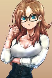 Rule 34 | 1girl, alternate hairstyle, android 21, blue eyes, breasts, brown background, brown hair, crossed arms, dragon ball, earrings, eyelashes, glasses, hand in own hair, happy, jewelry, kemachiku, long hair, long sleeves, looking at viewer, overalls, shirt, simple background, smile, solo, upper body, white shirt