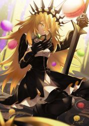 Rule 34 | 1girl, absurdres, black rock shooter, blonde hair, chariot (black rock shooter), food, highres, holding, holding sword, holding weapon, long hair, looking at viewer, messy hair, momijisio, motion blur, sitting, solo, sword, weapon, yellow eyes