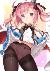 Rule 34 | 1girl, ahoge, azur lane, bare shoulders, black bow, blush, bow, bow panties, breasts, brown pantyhose, clothes lift, dress, dress lift, grin, hair bow, head tilt, jacket, jacket on shoulders, lifting own clothes, long hair, looking at viewer, navel, panties, panties under pantyhose, pantyhose, pink hair, pink panties, polka dot, polka dot panties, purple eyes, saratoga (azur lane), sleeveless, sleeveless dress, small breasts, smile, solo, thighband pantyhose, torimaru, twintails, underwear, white dress, white jacket