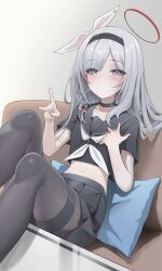 Rule 34 | 1girl, absurdres, alternate hair color, black choker, black hairband, black serafuku, black shirt, black skirt, blue archive, blush, braid, breasts, choker, couch, frown, grey eyes, hair over one eye, hair ribbon, hairband, halo, hand on own chest, hands up, highres, indoors, knee up, legs, long hair, looking at viewer, midriff, miniskirt, navel, neckerchief, on couch, pantyhose, plana (blue archive), pleated skirt, ribbon, rkin, sailor collar, school uniform, serafuku, shirt, short sleeves, single braid, sitting, skirt, small breasts, solo, thigh strap, thighs, v, very long hair, white hair, white neckerchief, white ribbon