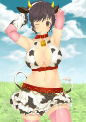 Rule 34 | 10s, 1girl, ;), animal ears, animal print, bell, belt, black hair, breasts, brown eyes, collar, cow horns, cow print, cow tail, elbow gloves, gloves, grass, headset, horns, idolmaster, idolmaster cinderella girls, kabocha head, large breasts, navel, neck bell, oikawa shizuku, one eye closed, pink thighhighs, skirt, smile, solo, tail, thighhighs, wink