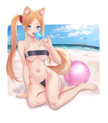 Rule 34 | 1girl, absurdres, animal ears, ball, beachball, breasts, cleavage, cloud, commentary, dog ears, dog girl, dog tail, english commentary, fran (gudanco (nyanmeowzer)), gris swimsuit, gudanco (nyanmeowzer), hair behind ear, highres, island, meme attire, off-shoulder one-piece swimsuit, off shoulder, one-piece swimsuit, original, palm tree, parted bangs, side ponytail, sky, smile, solo, swimsuit, tail, tree