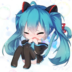 Rule 34 | 1girl, ahoge, animal ears, black thighhighs, blue hair, cat ears, cat tail, chibi, closed eyes, fake animal ears, hatsune miku, kemonomimi mode, long hair, long sleeves, open mouth, qys3, ribbon, shirt, sitting, skirt, solo, tail, tail ornament, tail ribbon, tears, thighhighs, twintails, very long hair, vocaloid, wavy mouth, white background, wide sleeves