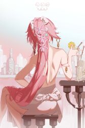 Rule 34 | 1girl, absurdres, animal ears, armlet, back, bare back, bottle, bow, commentary request, counter, crossed legs, cup, drinking straw, earrings, feet out of frame, floppy ears, food, fox ears, from behind, fruit, genshin impact, highres, holding, holding cup, jewelry, lemon, lemon slice, long hair, makinohara ue, pink hair, pink nails, ponytail, sitting, skirt, solo, spilling, stool, tassel, topless, very long hair, white bow, white skirt, yae miko