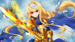Rule 34 | 1girl, akane (akaneoekaki0928), alice zuberg, armor, blonde hair, blue cape, blue eyes, bow, braid, braided ponytail, cape, casting spell, fantasy, gauntlets, gold armor, hair bow, hairband, heterochromia, holding, holding sword, holding weapon, knight, long hair, looking at viewer, magic, magic circle, osmanthus blade, pauldrons, ponytail, red eyes, shoulder armor, solo, sword, sword art online, sword art online: alicization, twitter logo, twitter username, upper body, very long hair, weapon, white bow, white hairband