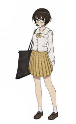 Rule 34 | 1girl, absurdres, bag, black hair, bokuya, bow, brown footwear, closed mouth, commentary request, full body, glasses, highres, loafers, long sleeves, looking at viewer, original, plaid, plaid skirt, sailor collar, school uniform, serafuku, shoes, short hair, simple background, skirt, smile, socks, solo, standing, white background, white sailor collar, white socks, yellow bow, yellow skirt
