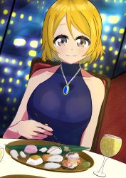 Rule 34 | 1girl, absurdres, artist name, artist request, bare shoulders, blue dress, blush, breasts, brown hair, chair, chopsticks, city, city lights, cup, diamond (gemstone), dress, drinking glass, female focus, food, hair between eyes, highres, holding, holding chopsticks, indoors, jewelry, koizumi hanayo, looking at viewer, love live!, love live! school idol project, medium breasts, necklace, on chair, parted lips, plate, purple eyes, short hair, sitting, sleeveless, sleeveless dress, smile, solo, table, turtleneck, turtleneck dress, upper body