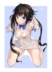 Rule 34 | 10s, 1girl, adjusting hair, arm ribbon, arms behind back, arms up, bare shoulders, barefoot, black hair, blue bow, blue eyes, blue ribbon, bow, bowtie, breasts, cleavage, cleavage cutout, clothing cutout, covered erect nipples, covered navel, dress, dungeon ni deai wo motomeru no wa machigatteiru darou ka, female focus, full body, gloves, hair ornament, hair ribbon, hands up, hestia (danmachi), highres, juesnow, large breasts, long hair, looking at viewer, nipples, rei no himo, ribbon, see-through, short dress, simple background, sitting, skindentation, sleeveless, sleeveless dress, smile, solo, twintails, wariza, wet, wet clothes, white dress, white gloves