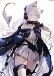 Rule 34 | 1girl, ai arctic warfare, animal, animal ear fluff, animal ears, artist name, awp (girls&#039; frontline) (nekoya (liu)), bandaged arm, bandages, bare shoulders, black gloves, black jacket, blue eyes, bolt action, cat, cat ears, closed mouth, collarbone, colored eyelashes, commentary request, dress, english text, girls&#039; frontline, gloves, grey background, gun, handgun, heterochromia, highres, holding, holding gun, holding weapon, jacket, knife, long hair, looking at viewer, name connection, nekoya (liu), object namesake, off shoulder, original, pleated dress, revision, rifle, sig p220/p226, sig p220/p226, signature, sleeveless, sleeveless dress, sniper rifle, solo, thigh strap, trigger discipline, very long hair, weapon, white cat, white dress, white hair, yellow eyes