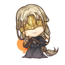 Rule 34 | 1girl, blindfold, blonde hair, braid, capelet, cherry (10013717), chibi, dark souls (series), dark souls iii, fire keeper, head tilt, long hair, mask, own hands together, seiza, sitting, smile, solo, white background