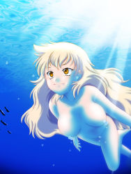 Rule 34 | 1girl, barefoot, breasts, bubble, censored, convenient censoring, fang, fish, freediving, hakkai, happy, highres, inugami hatsune, large breasts, long hair, nude, nudist, ocean, skinny dipping, smile, solo, swimming, underwater, very long hair, water, white hair, yellow eyes, zenra, zettai karen children