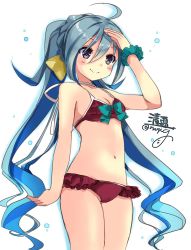 Rule 34 | 1girl, alternate costume, bikini, blue hair, blush, breasts, closed mouth, gouda nagi, gradient background, grey eyes, grey hair, hair between eyes, hair bun, highres, kantai collection, kiyoshimo (kancolle), long hair, low twintails, multicolored hair, navel, one-hour drawing challenge, scrunchie, simple background, single hair bun, small breasts, smile, solo, swimsuit, twintails, very long hair, wrist scrunchie