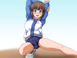 1futa arms_up blue_eyes blush brown_hair bulge covered_testicles futanari jacket looking_at_viewer open_mouth penis shoes smile solo stretching swimsuit testicles tomora