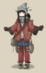 Rule 34 | 1girl, absurdres, beanie, beige background, black gloves, black hair, blue sailor collar, blue skirt, blunt bangs, blush, brown eyes, buttons, cardigan, chagamaka, closed mouth, fringe trim, full body, gloves, grey hat, grey scarf, hat, hatsuyuki (kancolle), highres, kantai collection, long hair, long sleeves, machinery, pants, pleated skirt, red pants, rigging, rudder footwear, sailor collar, scarf, school uniform, serafuku, simple background, skirt, solo, standing, torpedo, torpedo launcher, torpedo tubes, track pants, turret, white cardigan