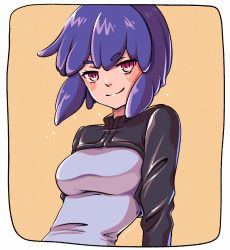 Rule 34 | 1girl, bad id, bad pixiv id, blush, breasts, ghost in the shell, ghost in the shell: sac 2045, grimdle, kusanagi motoko, medium breasts, purple hair, red eyes, short hair, simple background, smile, solo, upper body, yellow background