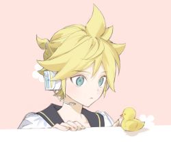 Rule 34 | 1boy, aqua eyes, black sailor collar, blonde hair, closed mouth, commentary, expressionless, hand on table, headphones, headset, kagamine len, looking at object, male focus, nail polish, naoko (naonocoto), pink background, rubber duck, sailor collar, shirt, spiked hair, trait connection, upper body, vocaloid, white shirt, yellow nails