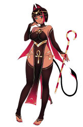 Rule 34 | 1girl, animal ears, ankh print, black tail, black thighhighs, blue eyes, blunt bangs, breasts, cane, circlet, dark skin, eye of horus, full body, gold trim, highres, holding, holding cane, impossible clothes, jewelry, large breasts, looking at viewer, necklace, red nails, standing, sukumo (kemutai), tail, tan, thighhighs