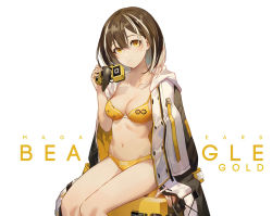 Rule 34 | 1girl, arknights, bra, breasts, brown hair, cleavage, closed mouth, coat, collarbone, eyebrows, gas mask, hair between eyes, hand up, holding, holding mask, lingerie, looking at viewer, magallan (arknights), mask, medium breasts, mouth mask, multicolored hair, navel, panties, salmon88, short hair, sitting, solo, two-tone hair, underwear, white background, white hair, yellow eyes