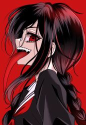 Rule 34 | 1girl, black shirt, braid, danganronpa: trigger happy havoc, danganronpa (series), fang, from side, fukawa toko, genocider shou, glasses, highres, long tongue, looking at viewer, red background, red eyes, round eyewear, sailor collar, satori (aosky9077), shirt, sideways glance, solo, teeth, tongue, tongue out, twin braids, twintails, upper teeth only, white sailor collar
