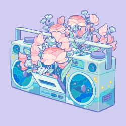 Rule 34 | artist name, boombox, commentary, flower, highres, hiro046k, leaf, no humans, original, pink flower, plant, purple background, radio, simple background, sparkle, stereo, still life, twitter username, white flower