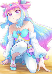 Rule 34 | 1girl, absurdres, backlighting, bandeau, blue eyes, blue hair, blue nails, blunt bangs, breasts, choker, collarbone, colored eyelashes, commentary request, cure la mer, eyelash ornament, gradient hair, heart, heart in eye, highres, itou shin&#039;ichi, laura la mer, layered skirt, leggings, long hair, long sleeves, magical girl, mismatched eyelashes, multicolored eyes, multicolored hair, nail polish, off-shoulder shirt, off shoulder, on one knee, pearl hair ornament, pink eyes, pink hair, pouch, precure, sand, sandals, shell brooch, shirt, skirt, small breasts, solo, strapless, symbol in eye, tropical-rouge! precure, very long hair, white background, white choker, white footwear, white leggings